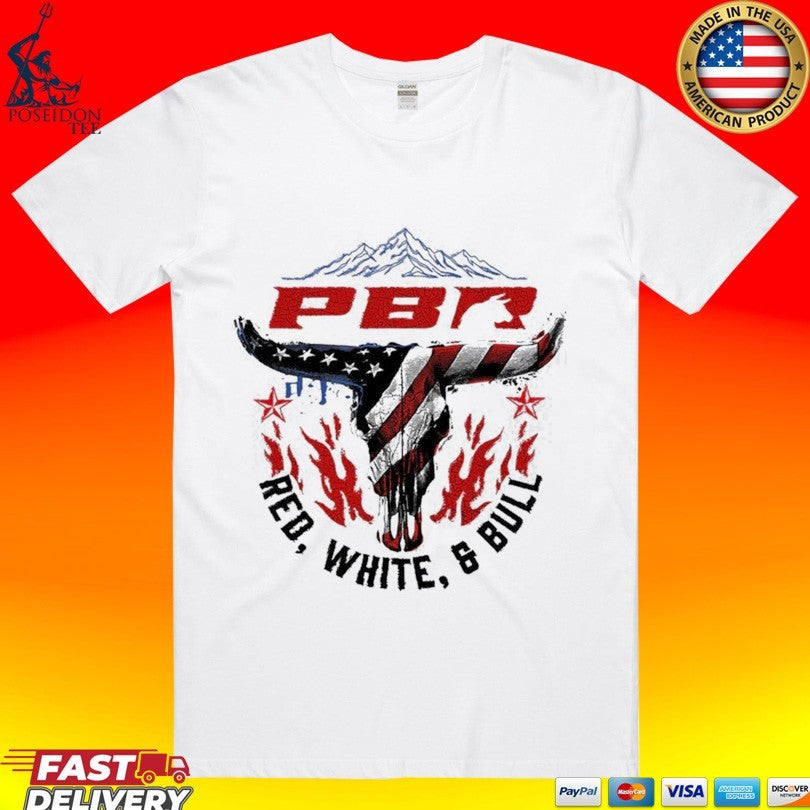 Professional Bull Riding PBR Red, White, And Bull Mountain Skull T-shirt