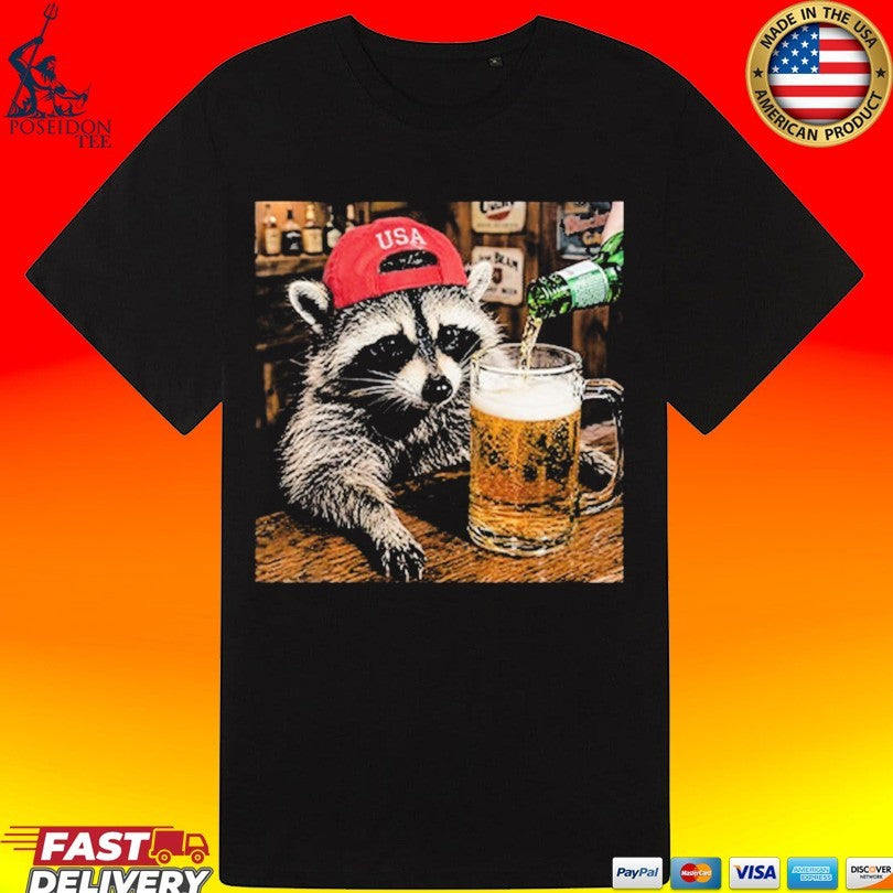 Raccoon Drinking Beer Patriotic Usa T-shirt