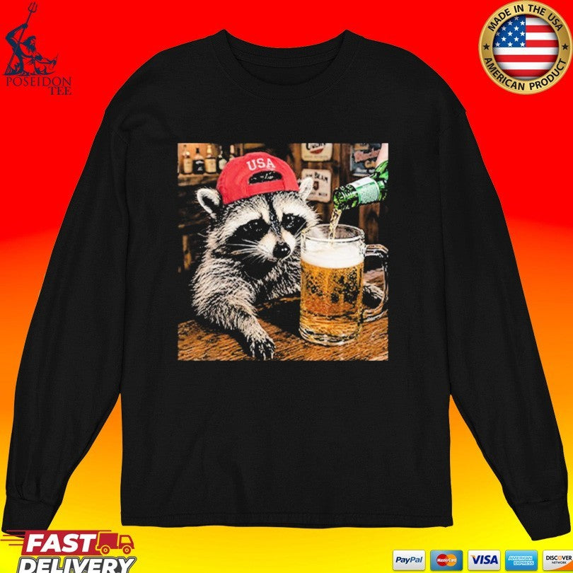 Raccoon Drinking Beer Patriotic Usa T-shirt