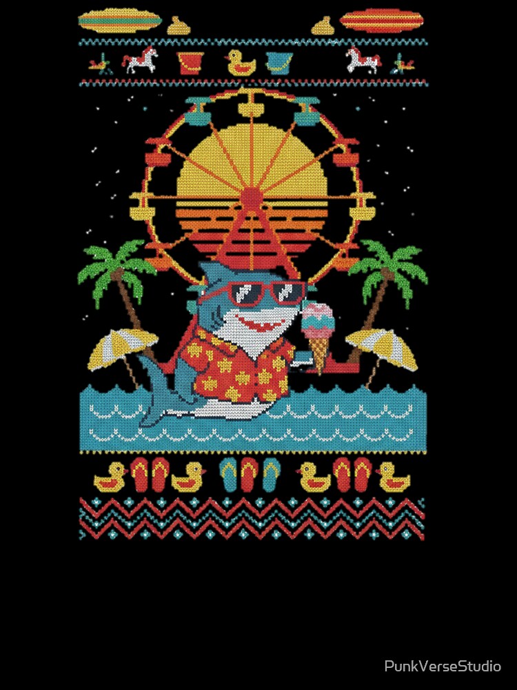 Pixel Knitted Style Ferris Wheel by the Sea – Retro Sweater Design with Shark Drinking by PunkVerseStudio