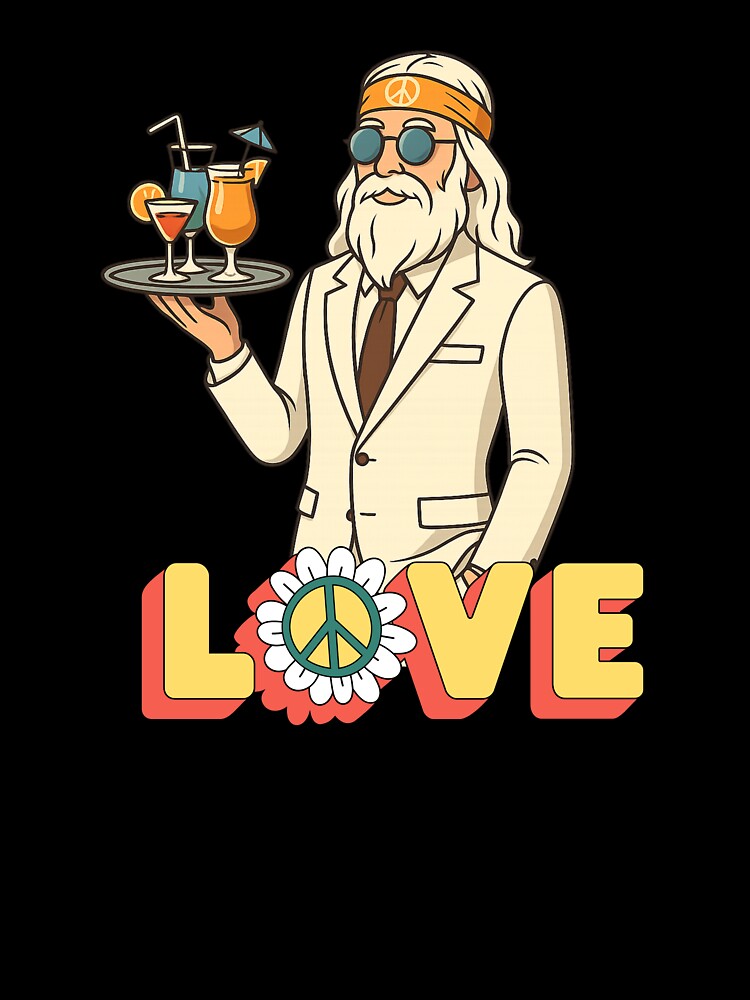Elderly White Hippie Waiter – Funny Retro Cocktail Server Design by Lunaria Arts