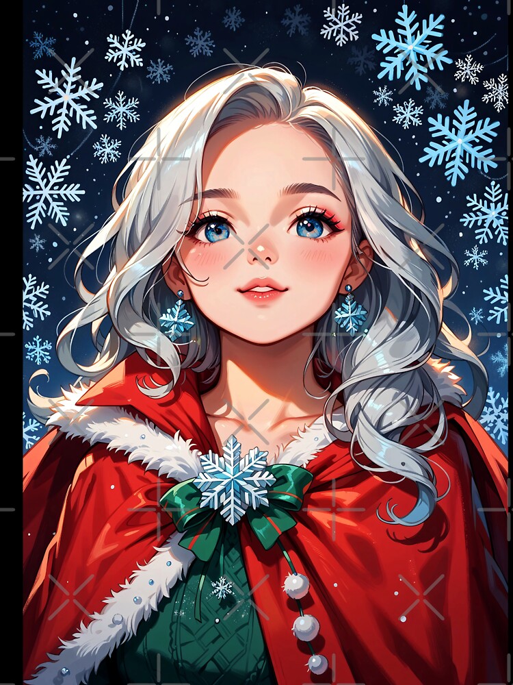 Christmas Anime Girl with Snowflake Earrings by ByteyCreatives