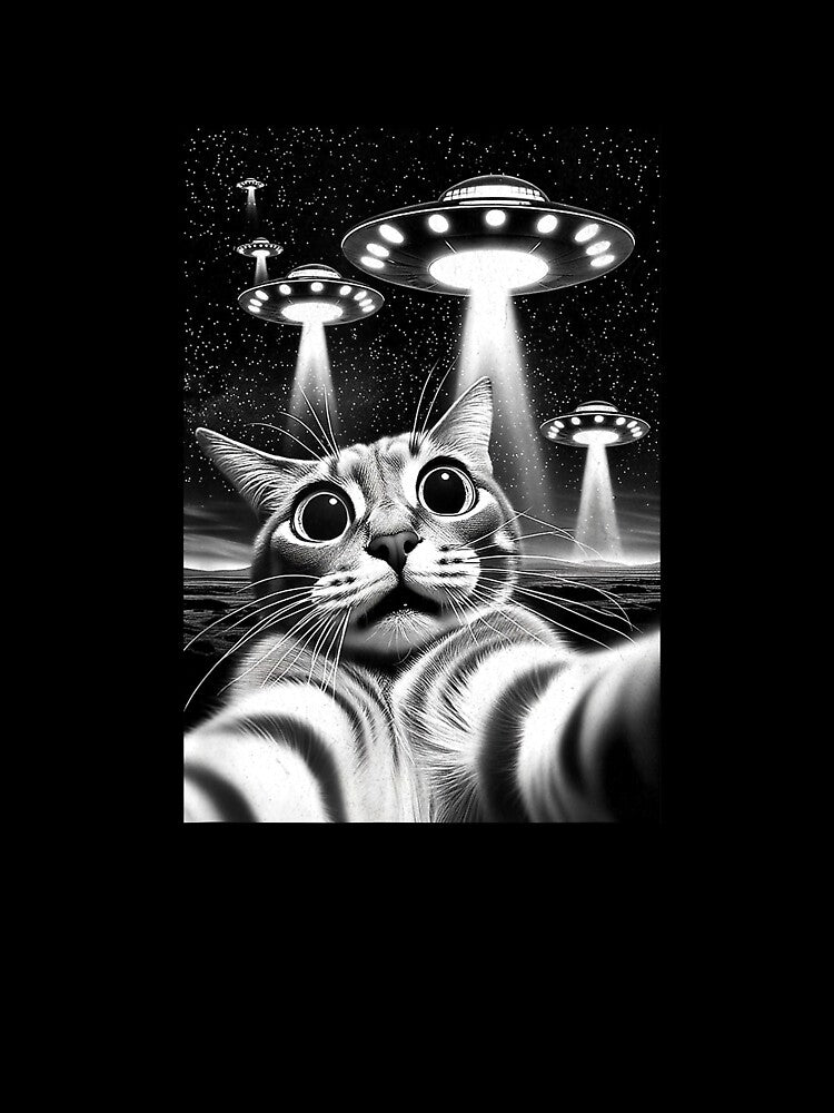 Cat UFO  Funny Invasion Meme Retro Alien Cat UFO Selfie T-Shirt by SubStudio97