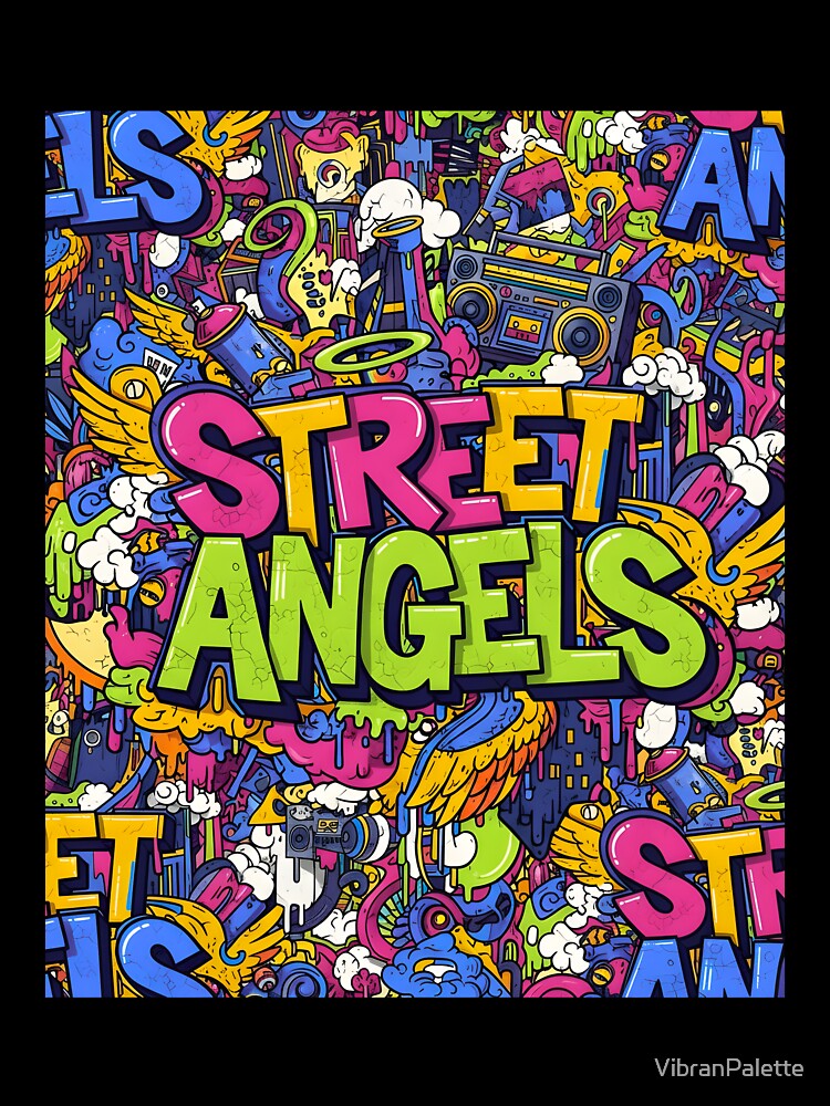 Street Angels: Vibrant Urban Graffiti Doodle Pattern with Boombox and Halo by VibranPalette