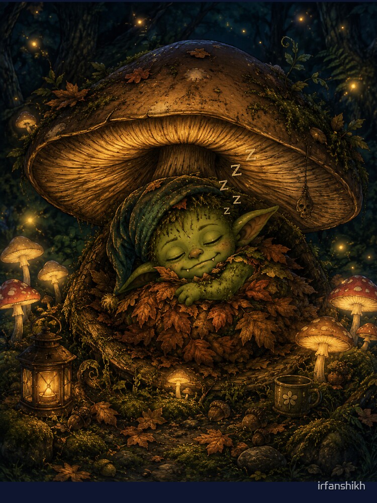 Goblincore Sleep Mode – Cozy Goblin Sleeping in Mushroom Art | Funny Night Owl Goblincore Gift by irfanshikh