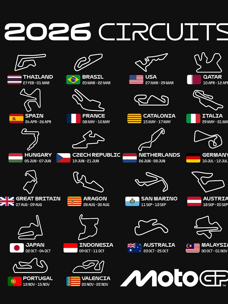 MotoGP 2026 Season Circuits Shirt – Full Track Map Calendar Design by Stotee