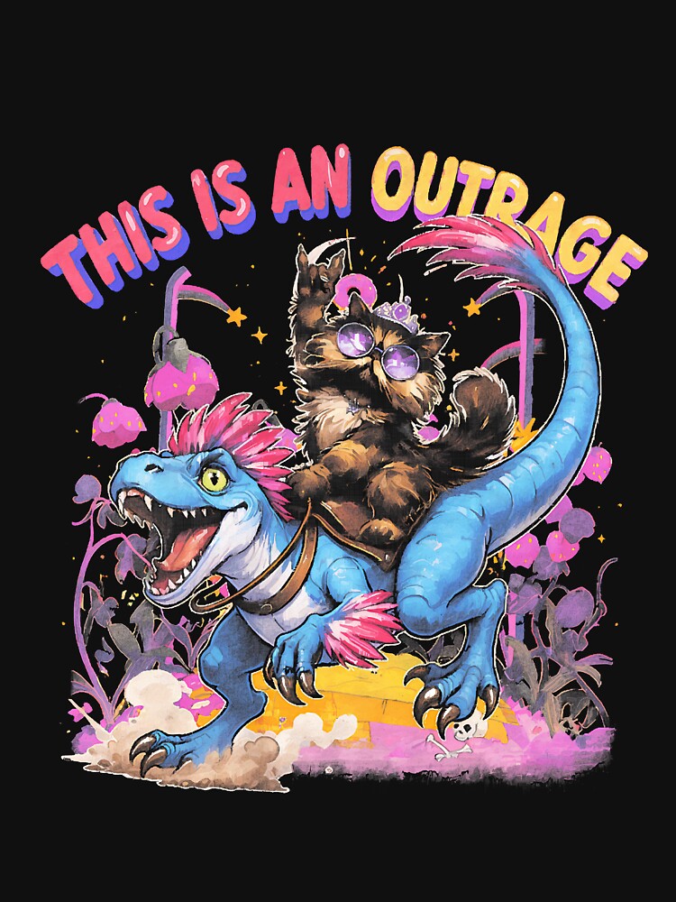 This is an Outrage Funny Princess Cat Riding Dinosaur by SerafinaCesari