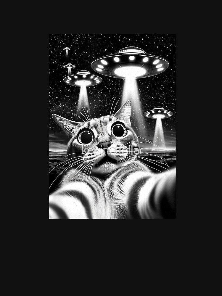Cat UFO  Funny Invasion Meme Retro Alien Cat UFO Selfie T-Shirt by kevincuellar