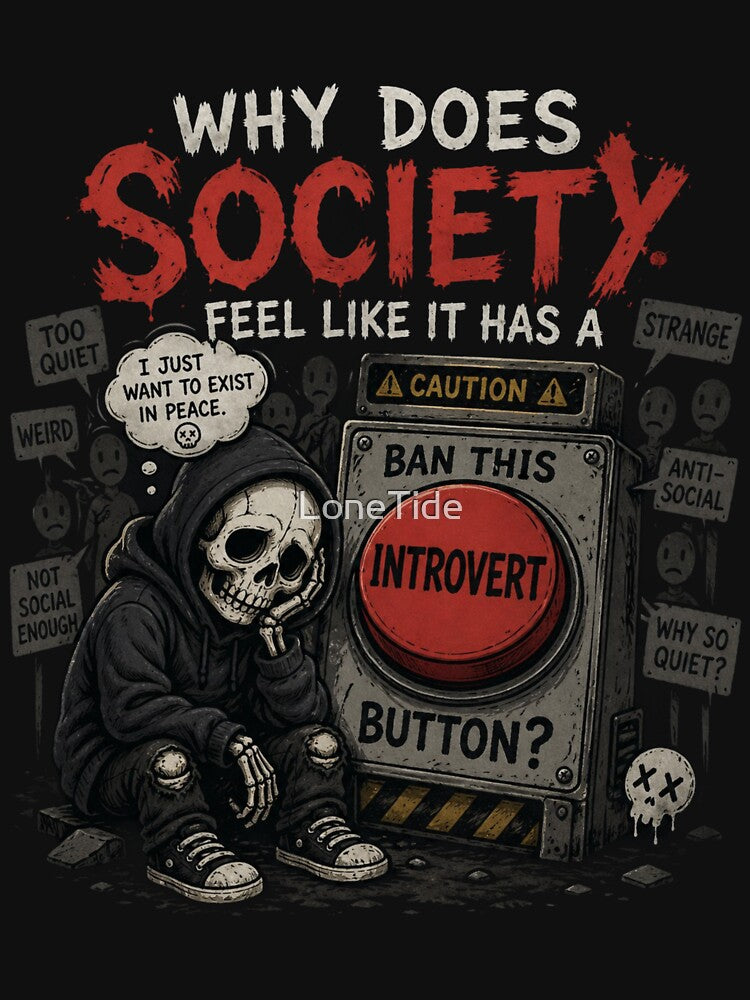 Why Does Society Feel Like It Has a Ban This Introvert Button? - Funny Social Anxiety Meme Design by LoneTide