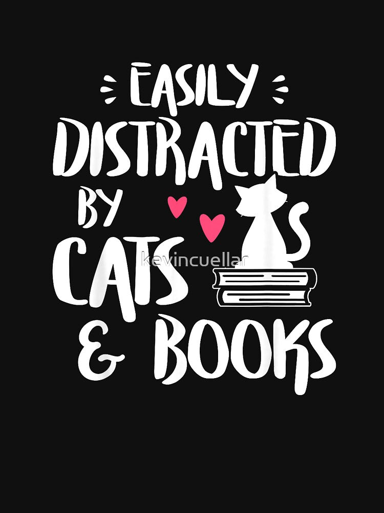 Easily Distracted by Cats and Books - Cat & Book Lover,Short Sleeve T-Shirt by kevincuellar