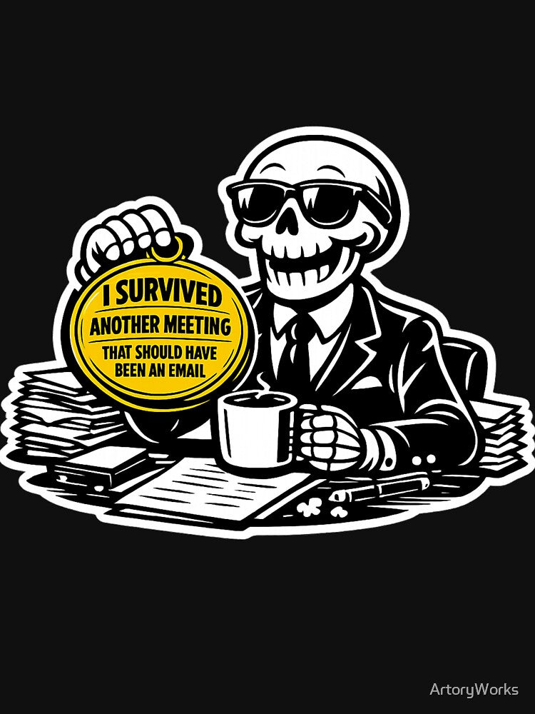 I Survived a Meeting — Funny Office Skull Art by ArtoryWorks