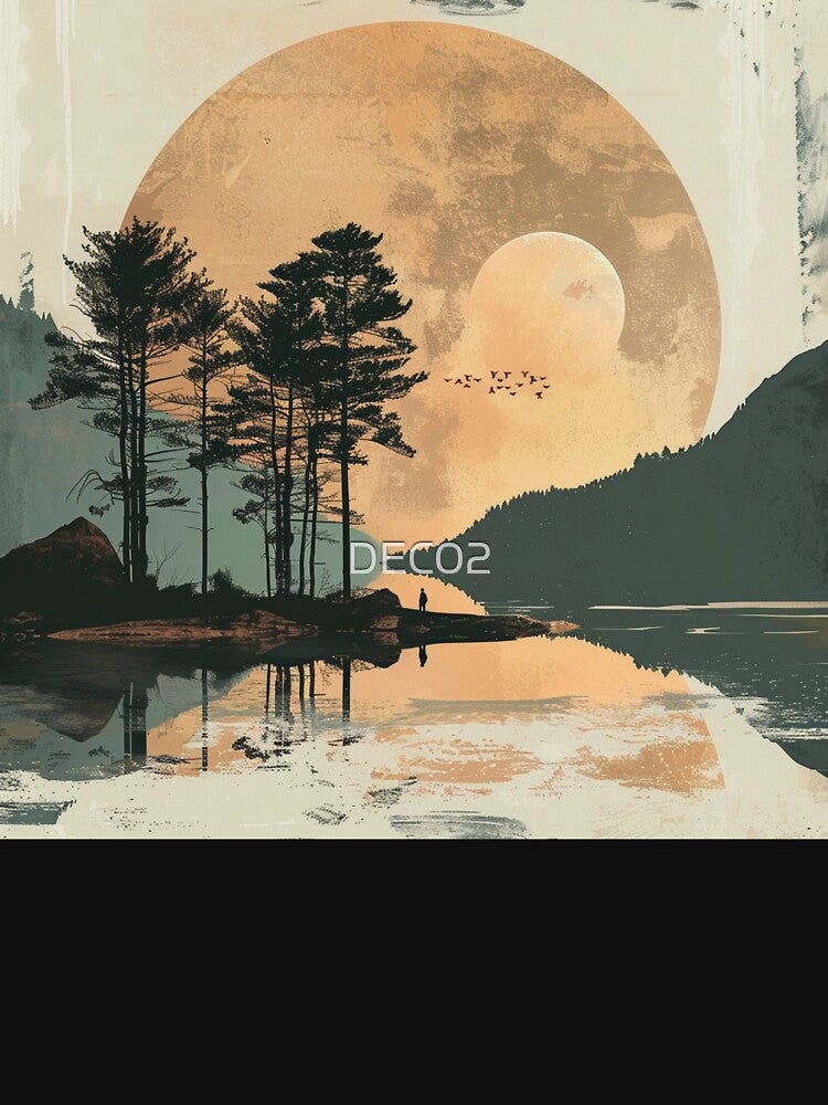 Boho Style Mountains, Sunset, And Trees By Lake by DEC02