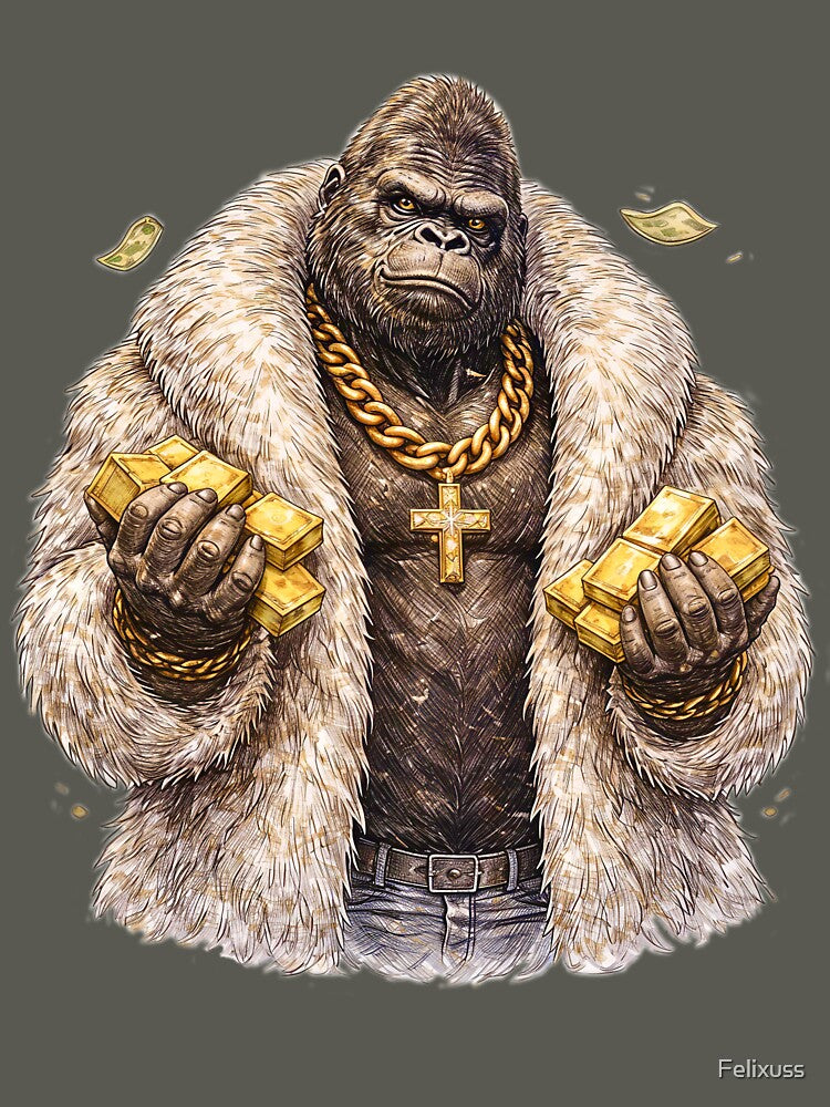 Luxury Gorilla Boss Sticker – Gold Wealth Street Animal Art by Felixuss