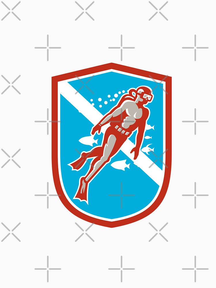 Scuba Diver Diving Going Up Shield Retro by patrimonio