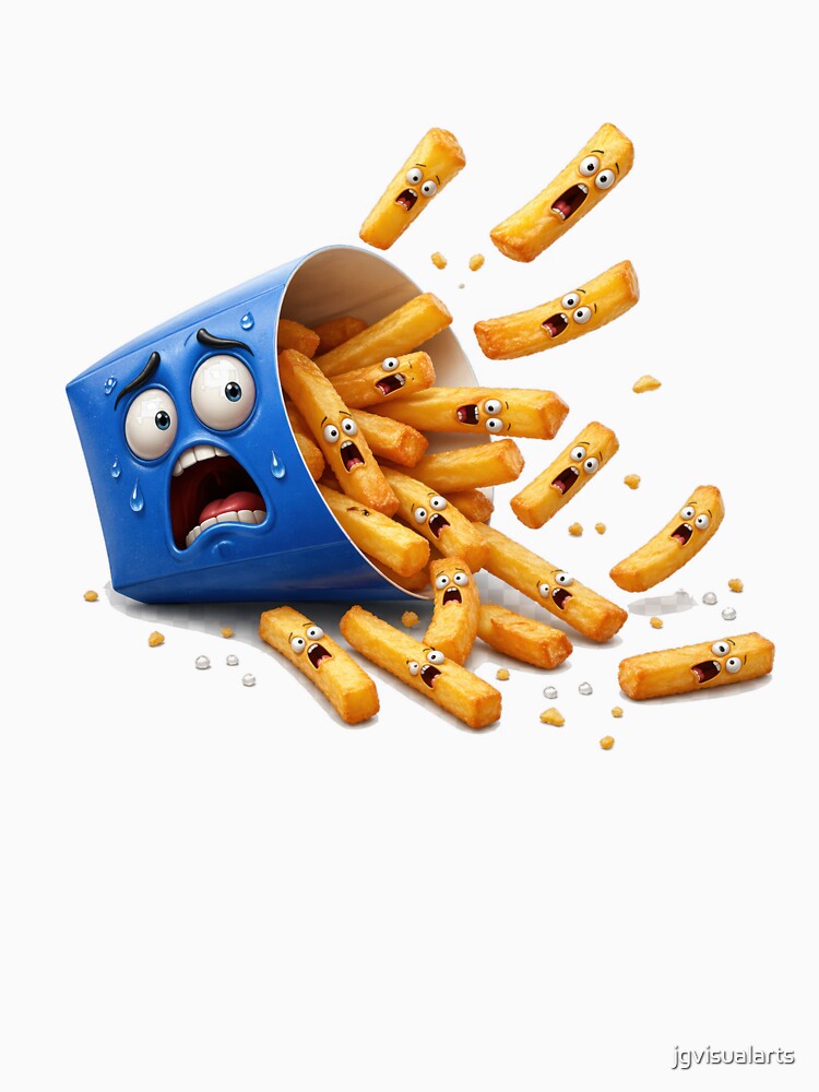 Shocked French Fries Spilling Out of Blue Bucket by jgvisualarts