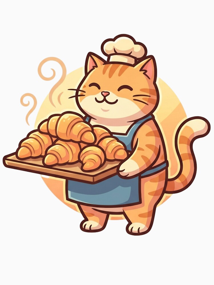 Cute Cat Baker with Croissants - Kawaii Pastry Chef Kitty Illustration by HappySproutArt