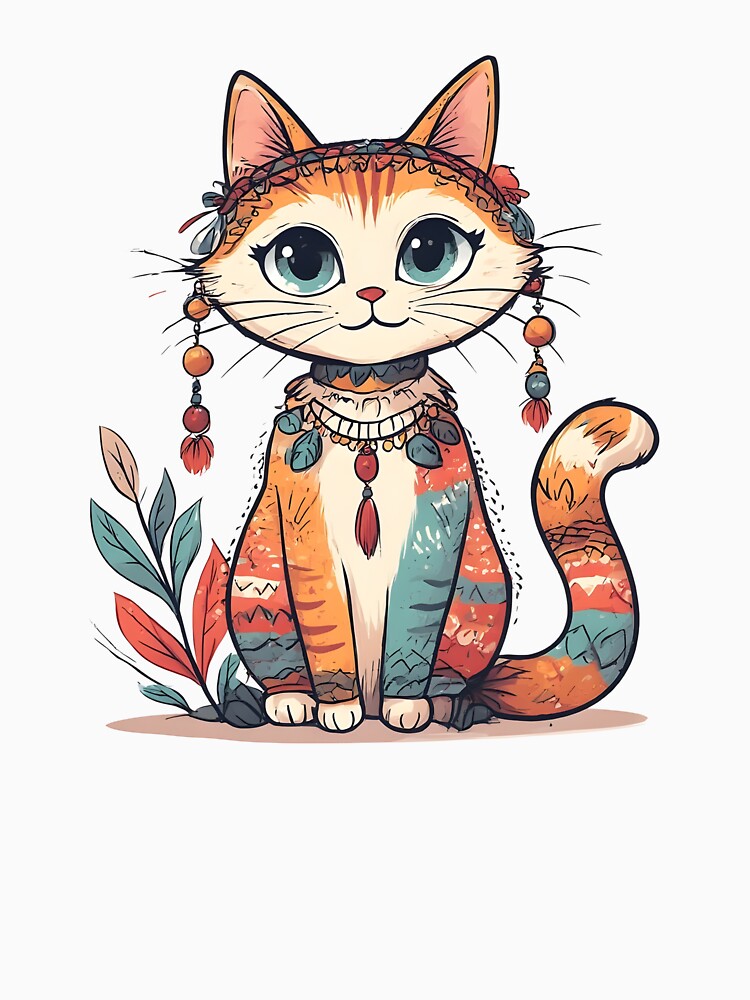 Boho Cat Illustration – Cute Tribal Style Kitty with Floral Accessories by Karolina’s Cozy Creations