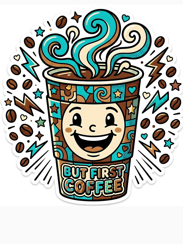 Coffee Pop Art Bold Colorful But First Coffee Sticker by Poppy Volt