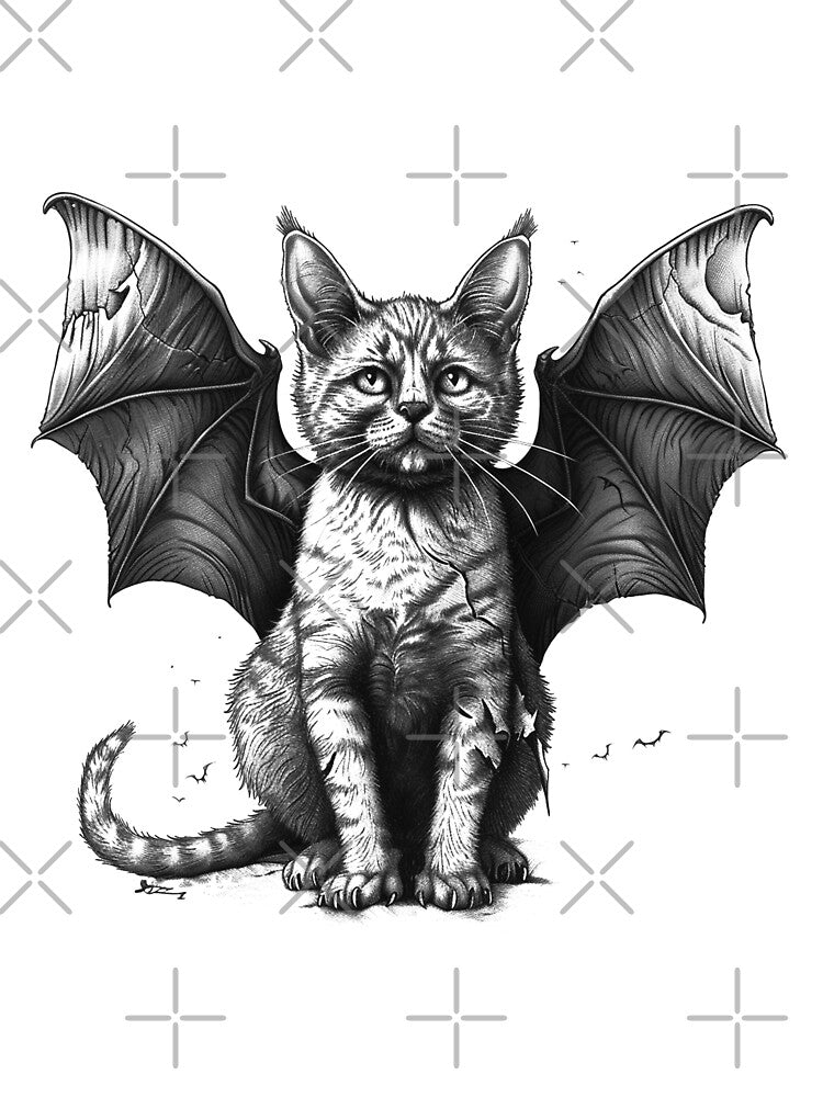 Bat Wing Cat Black and White Gothic Fantasy Animal Illustration by inkoutninja