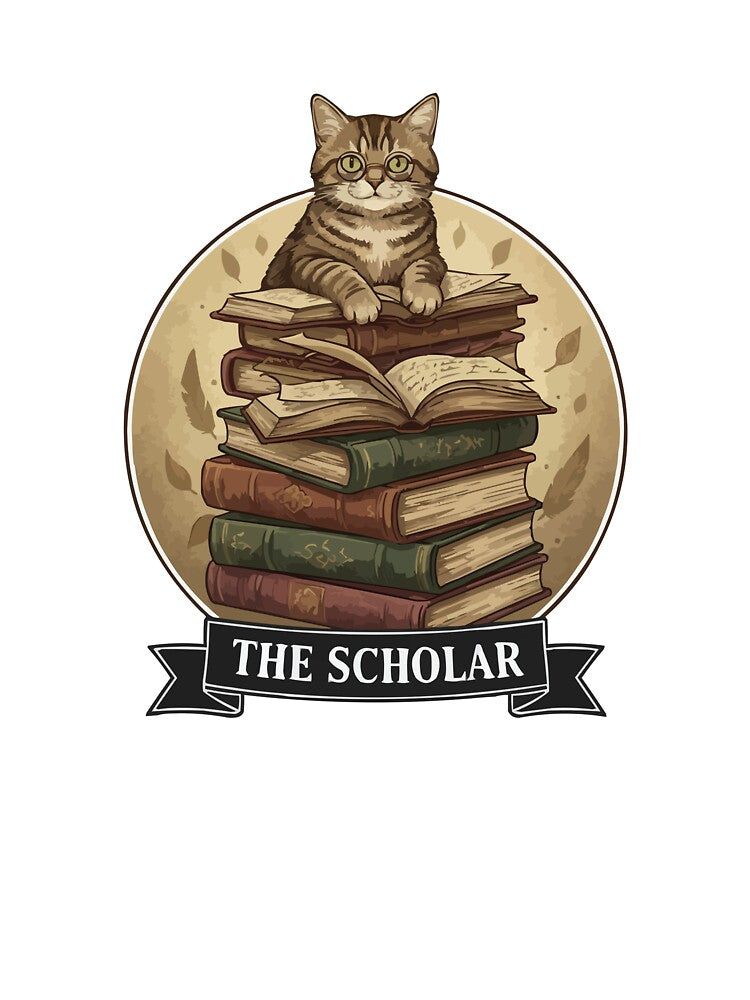 The Scholar – Librarian Cat with Glasses and Old Books by Petzzz