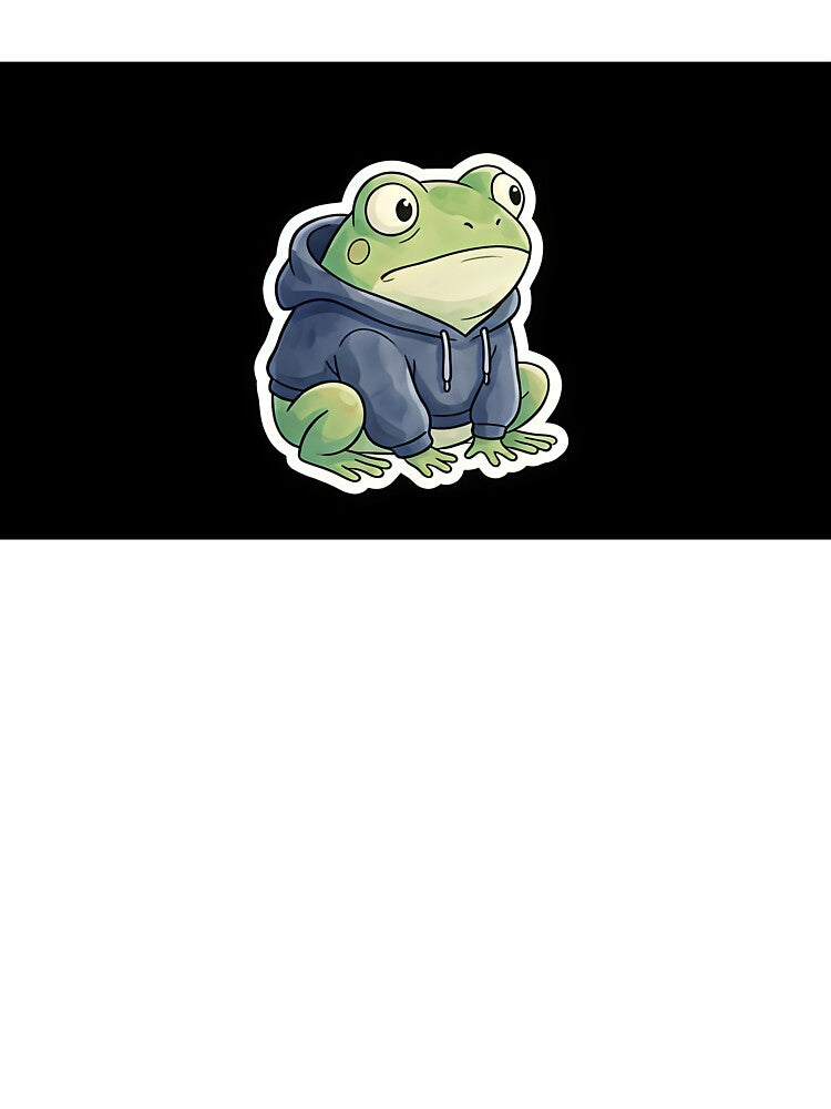 A cute, round frog looking confused, wearing a tiny hoodie. White border for sticker. by Yogeshrock
