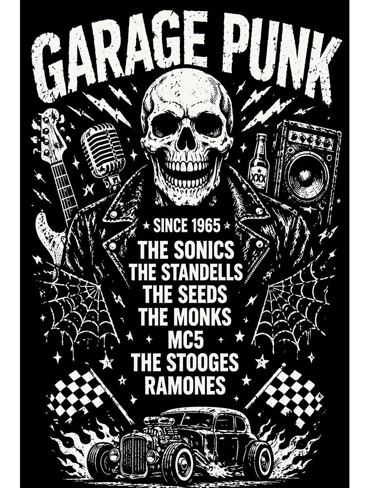 Garage Punk Since 1965 – Skull Leather Jacket Rock Band Distressed Vintage Punk Rock T-Shirt Design by Endthedisease
