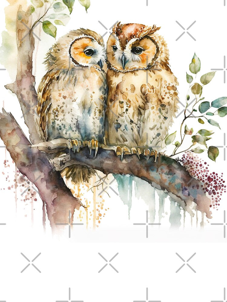 Pair of Owls Watercolor owl painting, owl birds on branch by adlydesigns