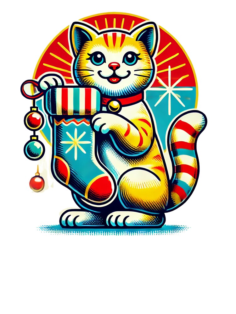 Retro Christmas Cat with Festive Stocking by takeng07