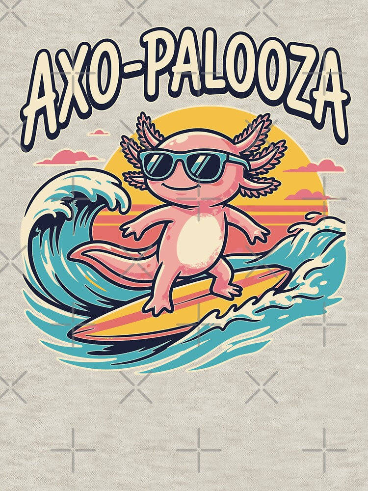 Funny cute Axolotl Axo-Palooza surfboard parody 90s Alternative music festival, Beige - HD ONLINE STORE by bard-art