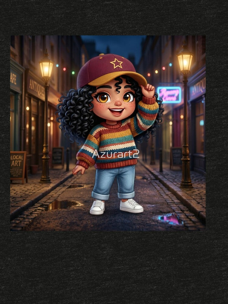 Urban Night Stroll - Cute Chibi Girl with Curly Hair and Striped Sweater by Azurart2
