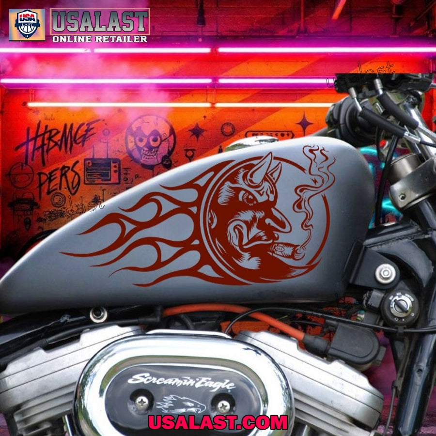 Red Devil And Flame Motorcycle Custom Text Decal