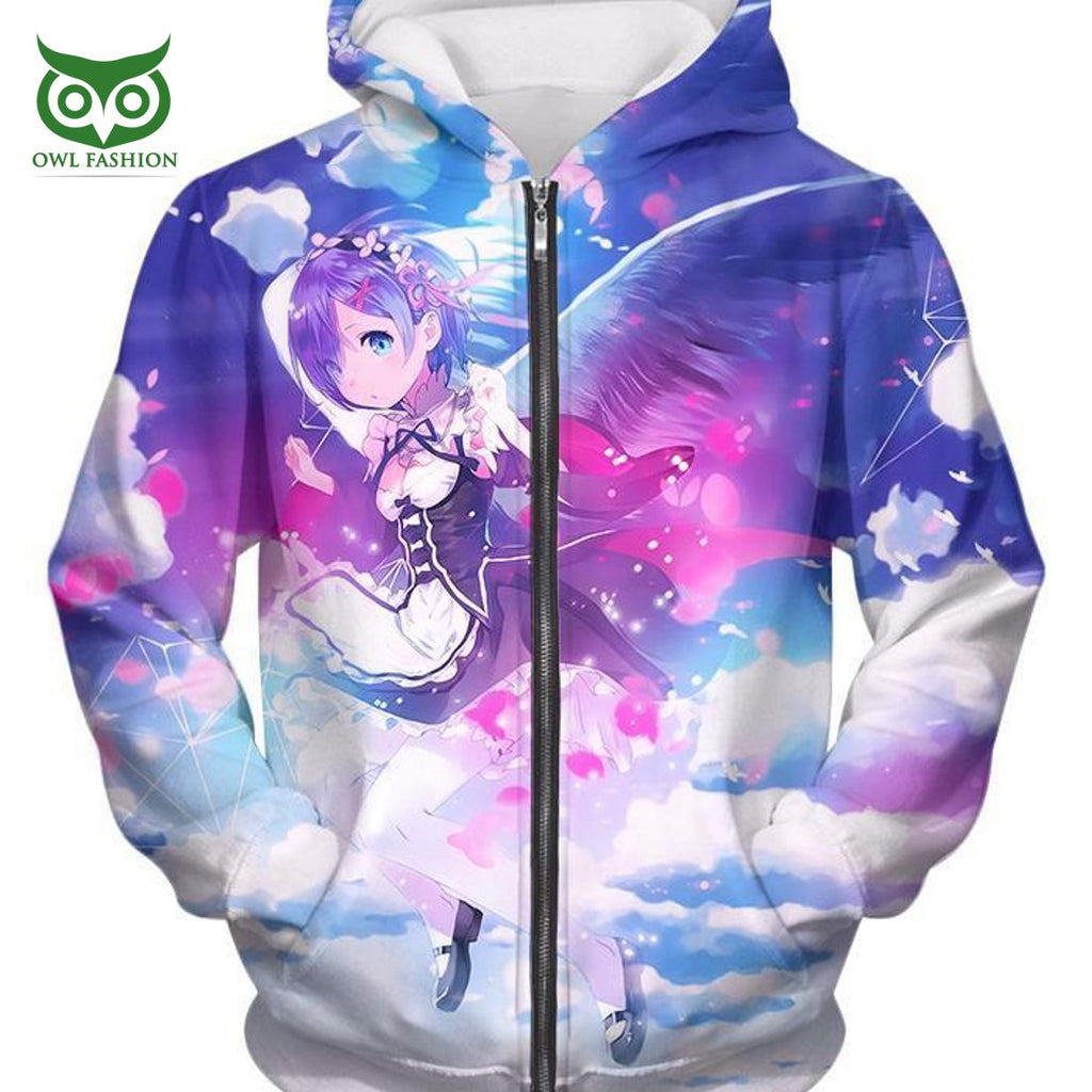 Rezero Cute Blue Hair Flying Anime Maid Rem Action HD 3D AOP Hoodie