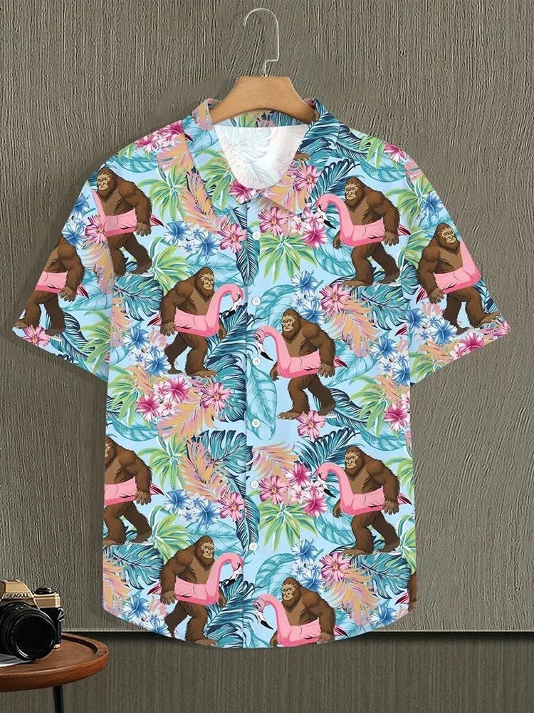 Mens Button Down Shirts Big Foot Summer Printed Hawaiian Top Novelty Ugly Party