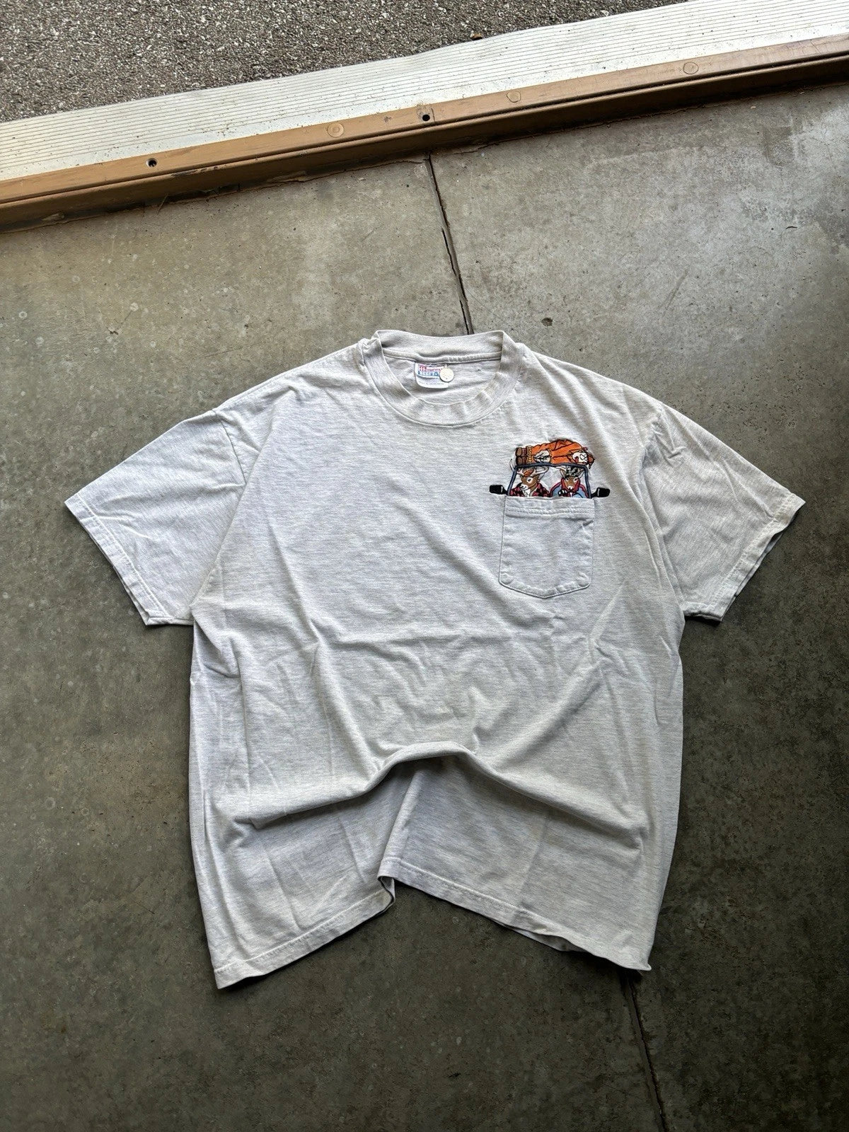 90s Hanes Beefy funny embroidered deer pocket  tee 100% cotton XL