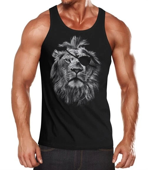 Cool men's tank top with large lion print Neverless ® Lion eye patch