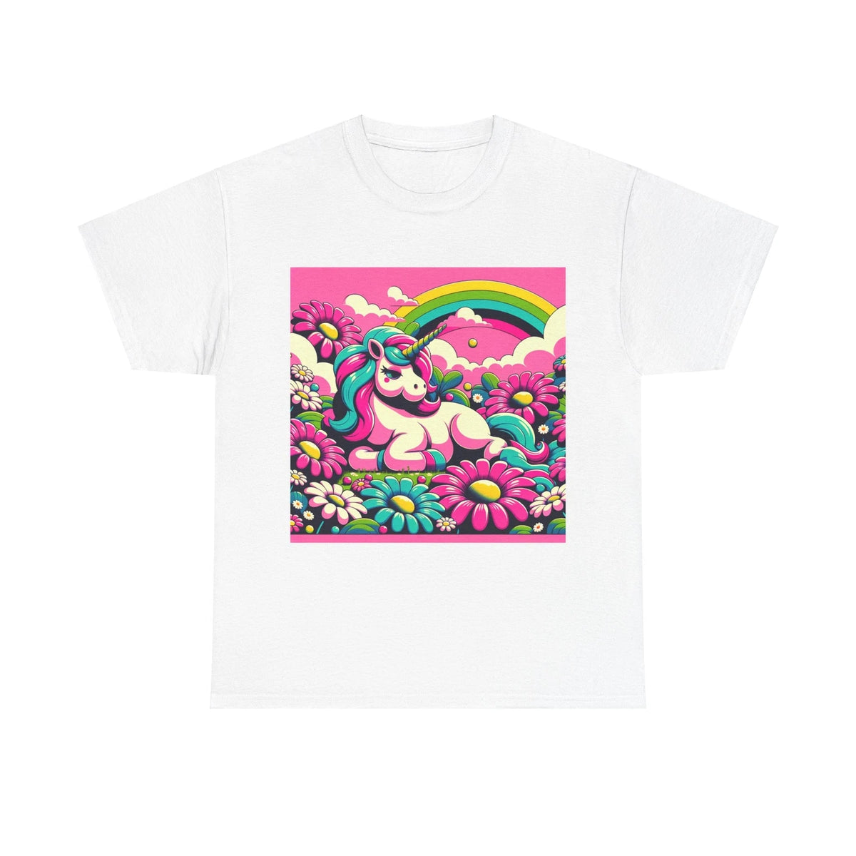 Unisex Adult T Shirt Chubby Unicorn Daisies Pop Art Vintage Style