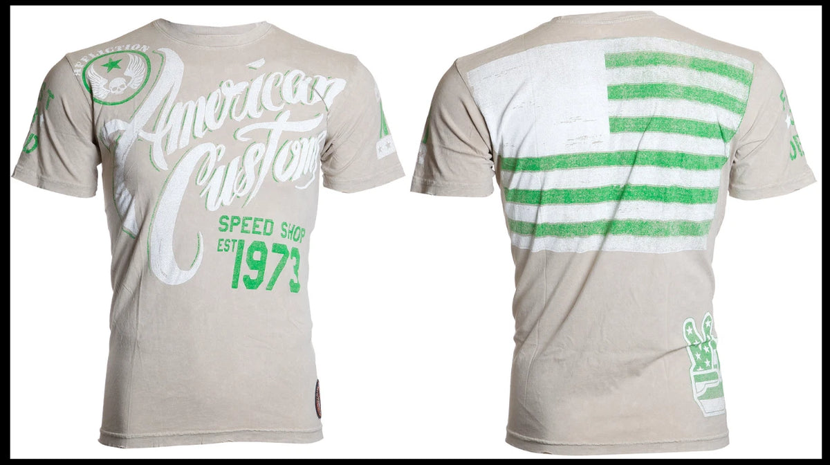 AFFLICTION Sand SPEED SHOP USA FLAG Short Sleeve Slim Fit Y2K T-shirt NWT