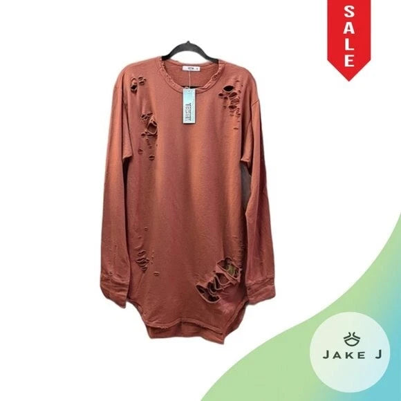 Distressed Punk T-shirt  Medium Y2K Grunge Style EPTM  burn-red long sleeve