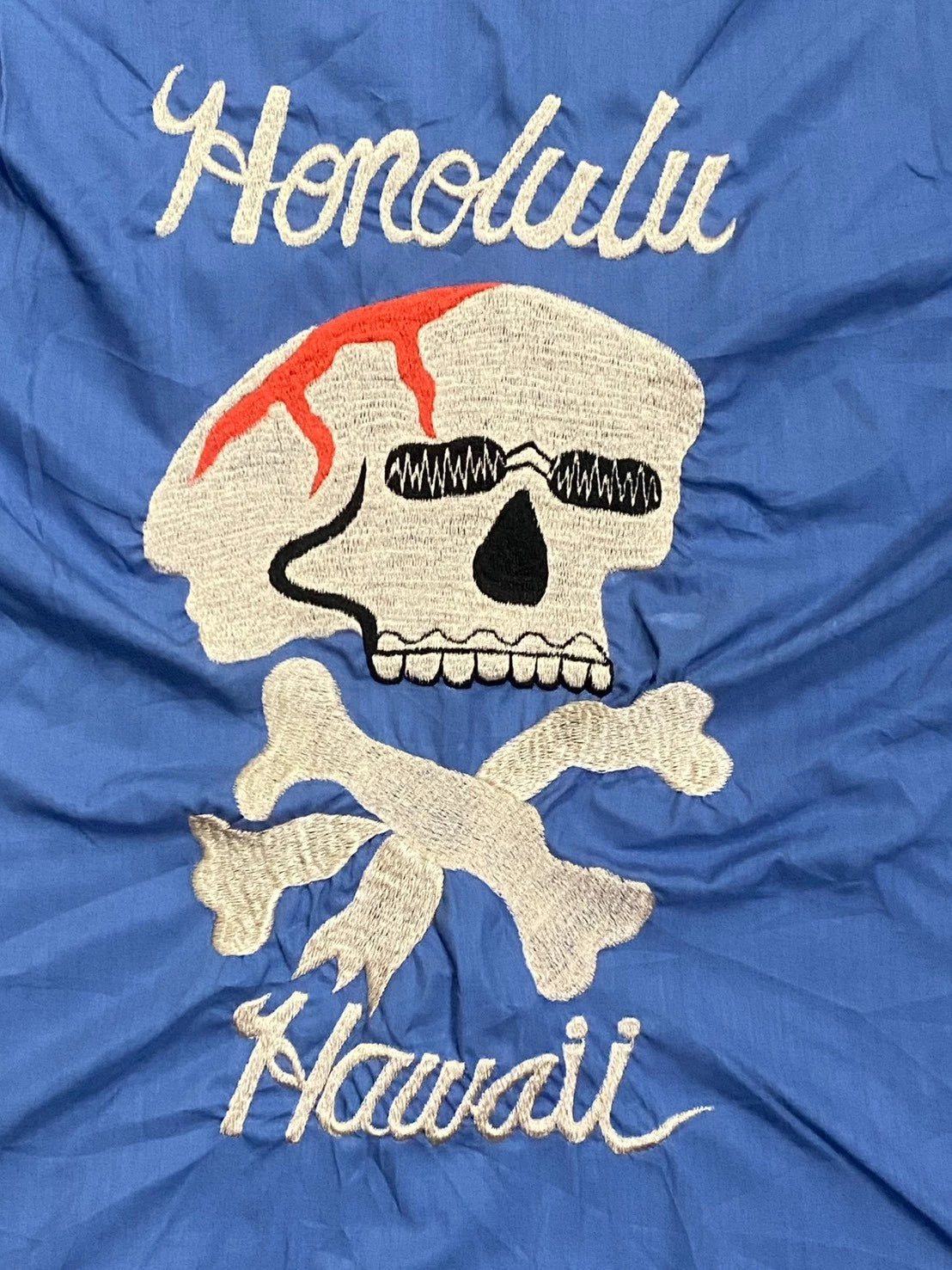 Vintage 90s Honolulu Hawaii Skull Embroidered Bowling Shirt Blue LL Japan Y2K