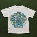 Y2K Mens White Graphic T-Shirt Fleur De Lis Crown Tiger Crest Streetwear Tee XL