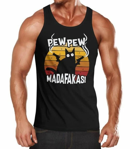 Mens Tank Top Pew Pew Madafakas Cat Western Cat Meme Fun Shirt Saying