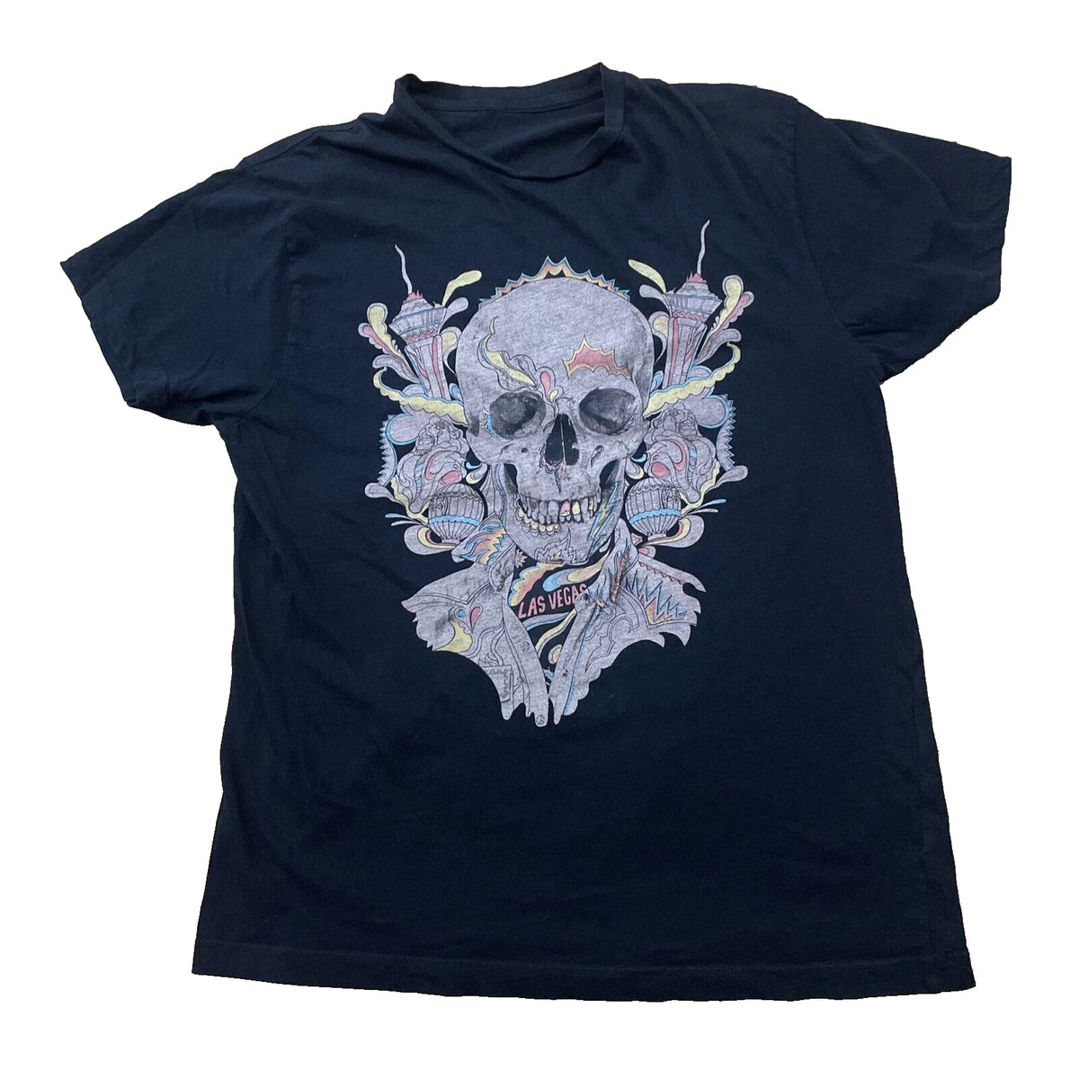 LAS VEGAS Skull Goth Shirt Adult L Black Colorful Y2k Aero Graphic Tee Large