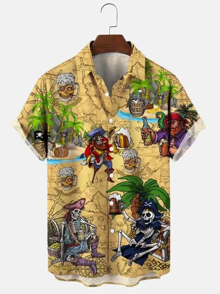 Mens Button Down Skeleton Pirate Beer Hawaiian Top Novelty Treasure Gift Shirt