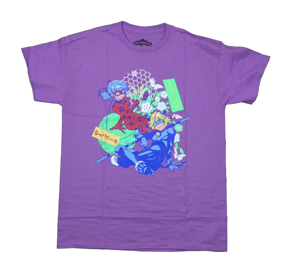 Miraculous  New Adult T-Shirt - Lady Bug & Cat Noir Posing Flowers Butterflies