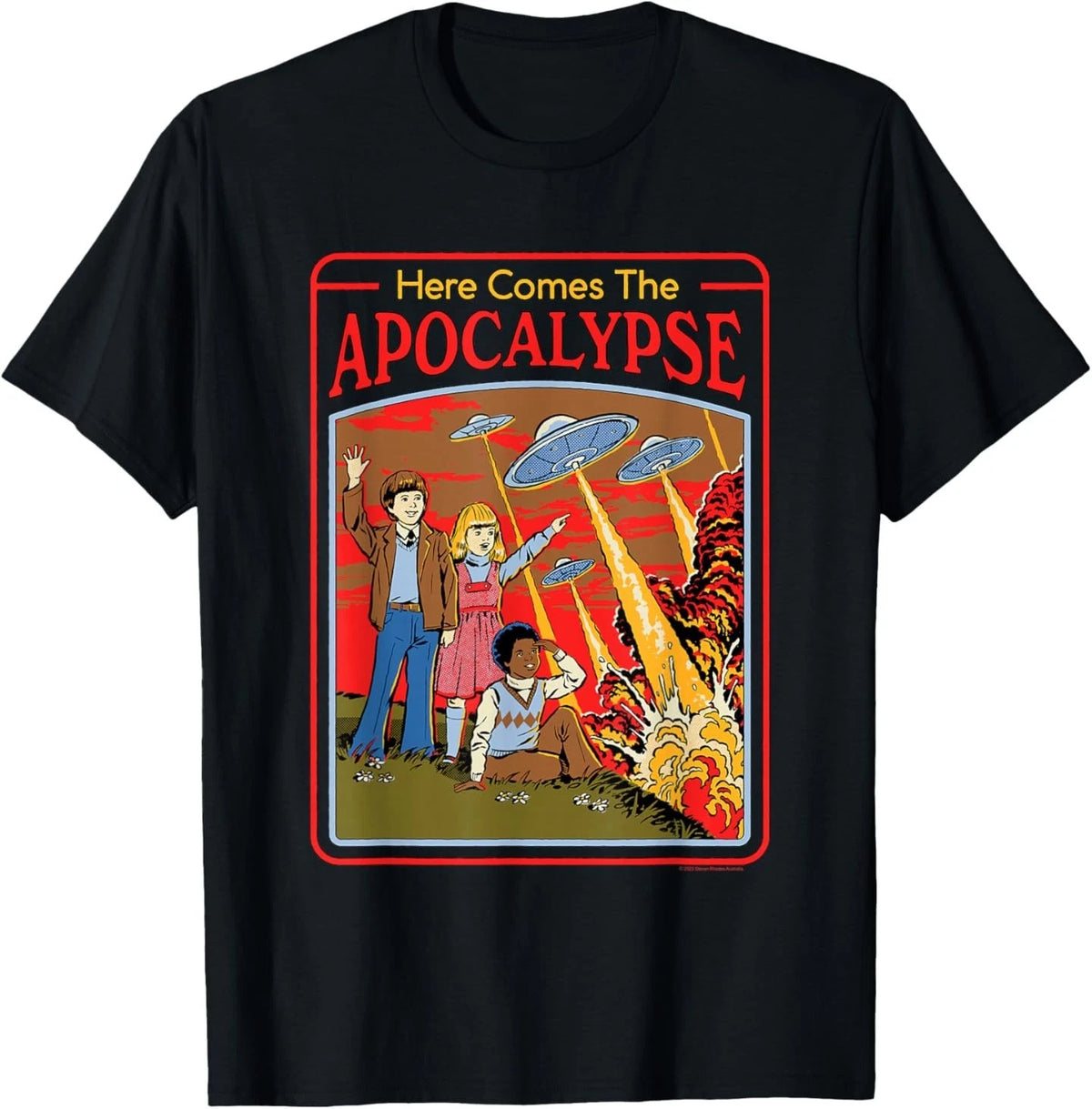 Steven Rhodes Here Comes The UFO Apocalypse Retro Dark Humor T-Shirt