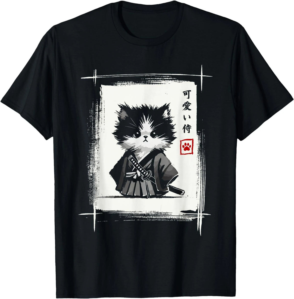 Samurai Cat Japanese Art Sumi-e Novelty Kawaii Funny Cat T-Shirt
