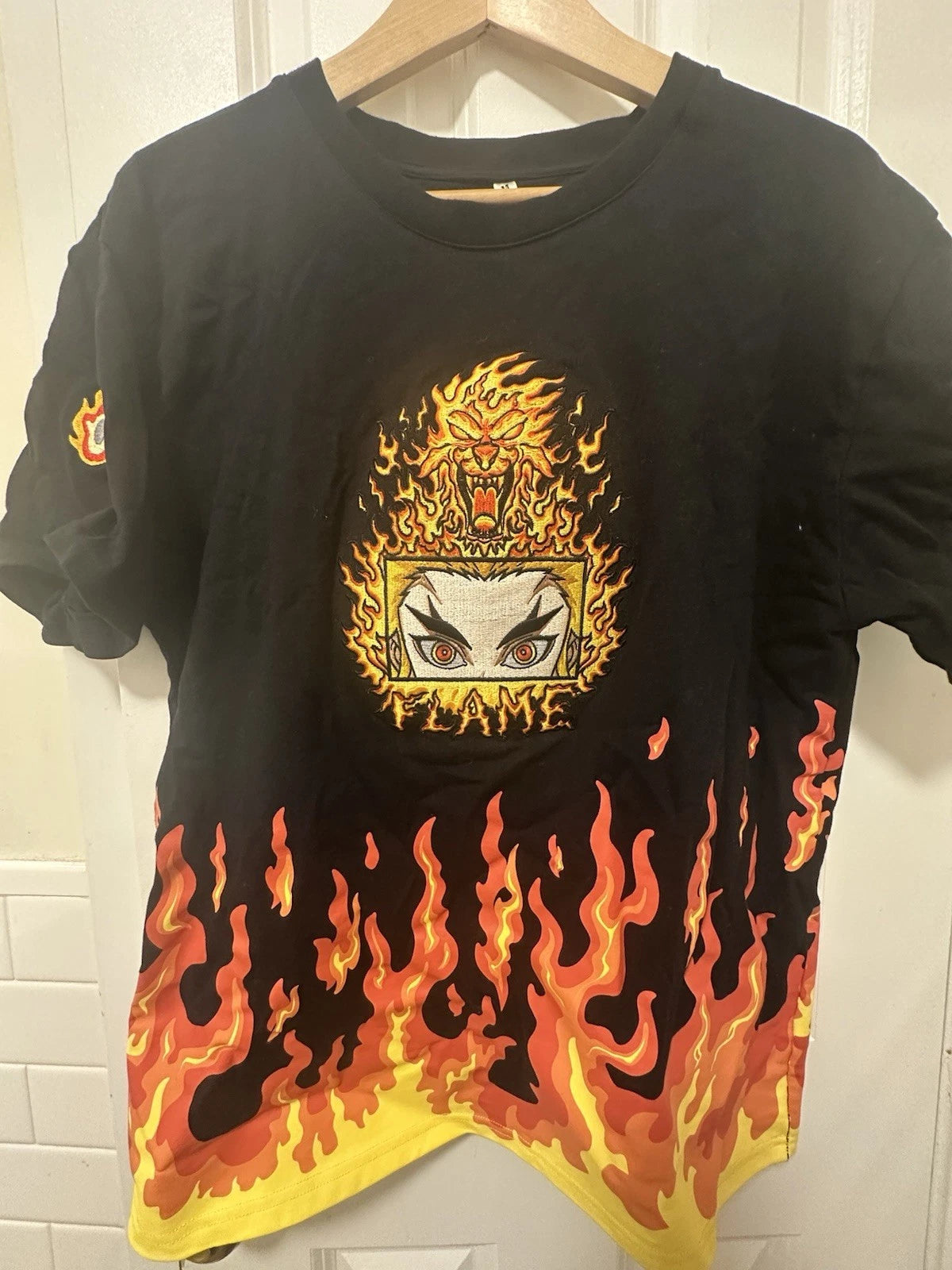 NOBLE XIN Rare Rengoku Embroidered Tee Lion Kanji Fire Short Sleeve