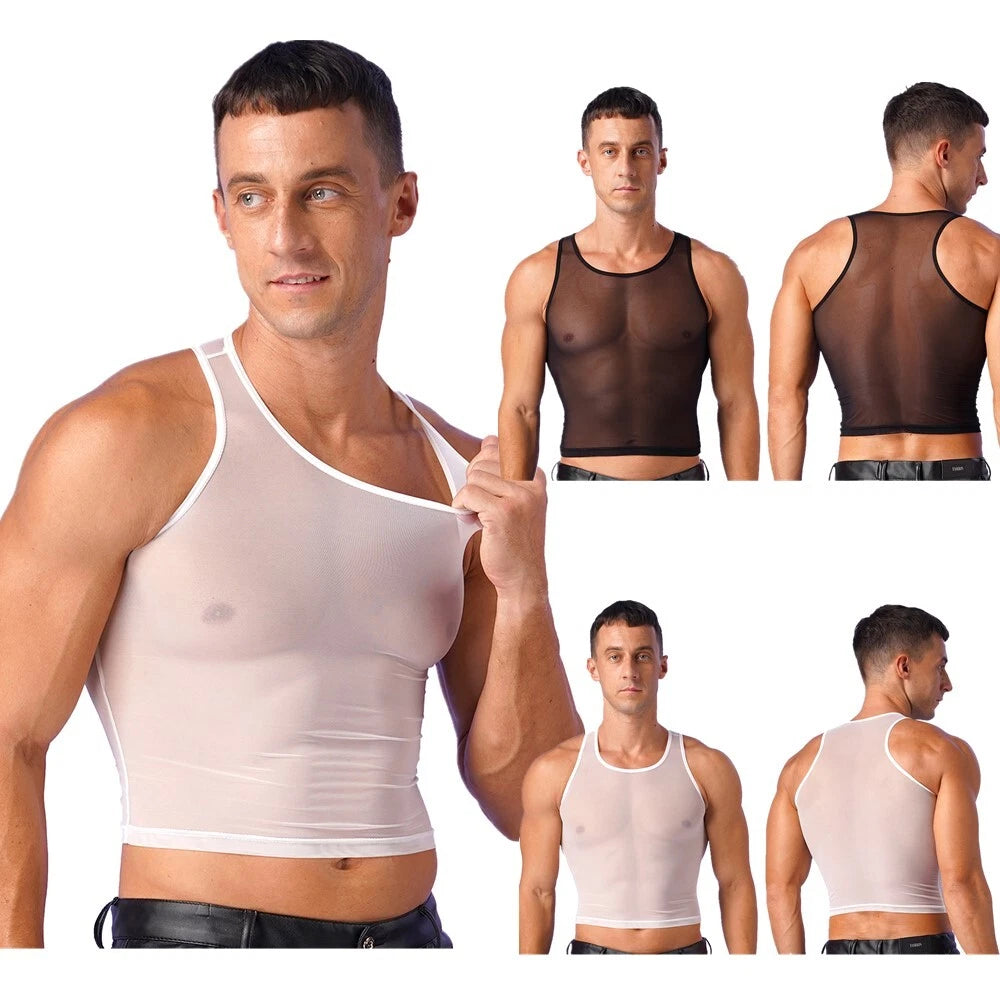 Men's Vests See-Through Tank Top Workout Crop Tops Pool T-shirts U Neck Blouse