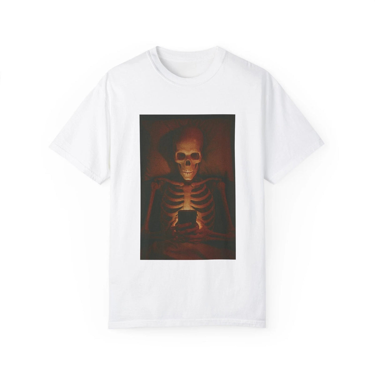 Skeleton on Phone T-Shirt Funny Dark Humor Graphic Tee Addicted to Social Media