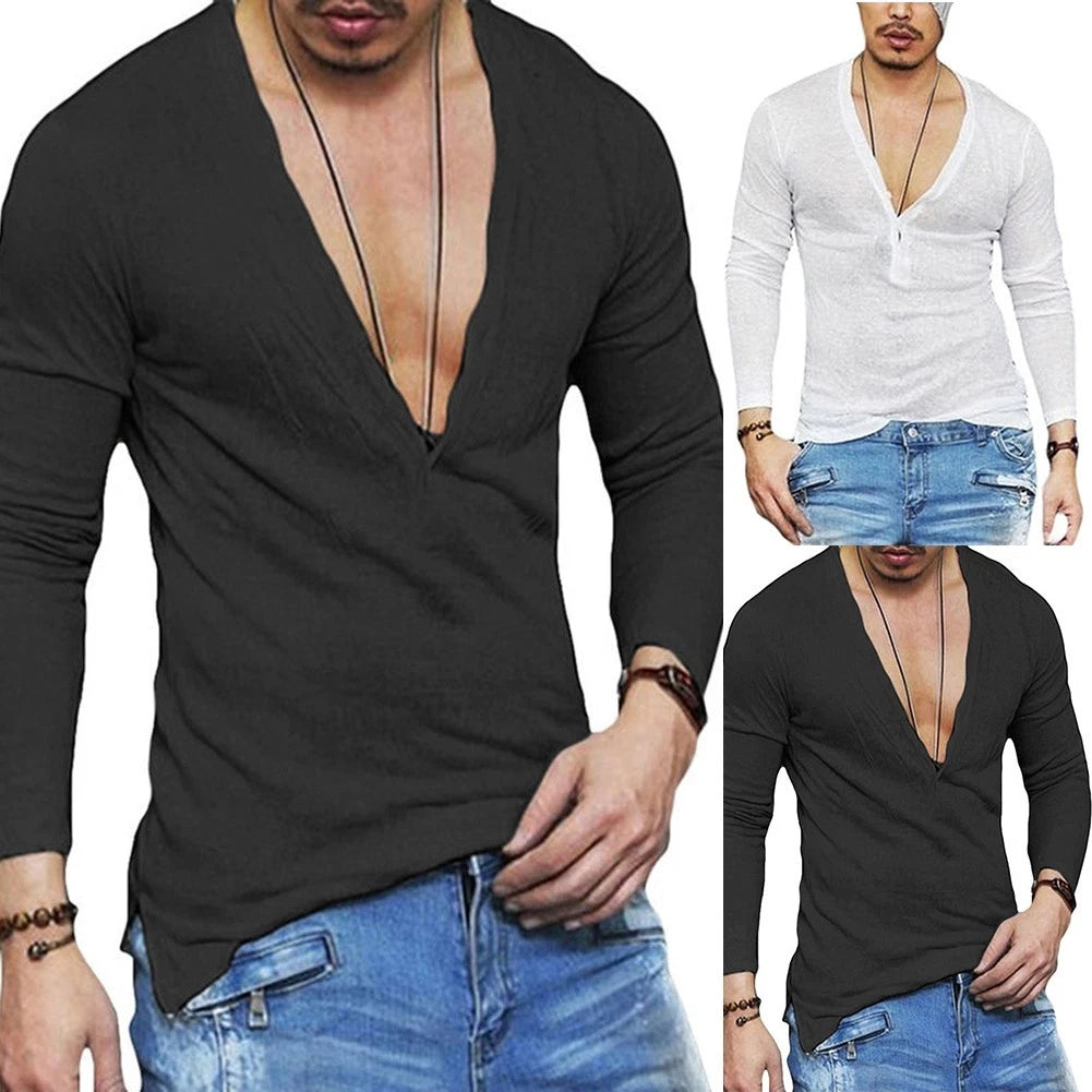 Men's Classic Plain Slim Fit Long Sleeve T shirt V Neck Button Tops Tee Blouse